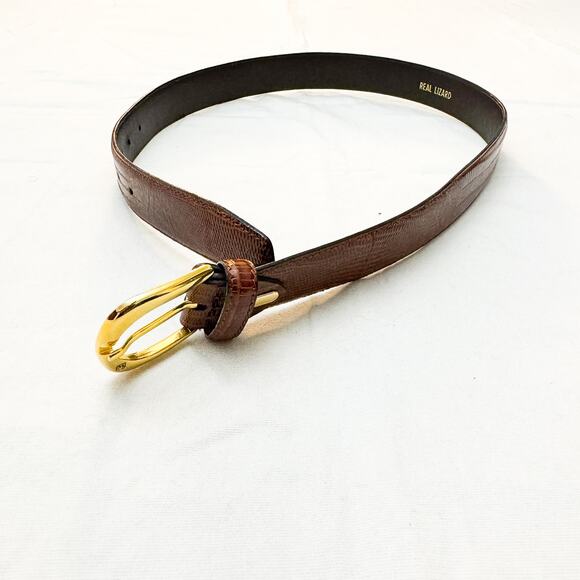 Bruno Magli Brown Leather Real Lizard All Leather Belt Brass Buckles Size 40 - Picture 2 of 5